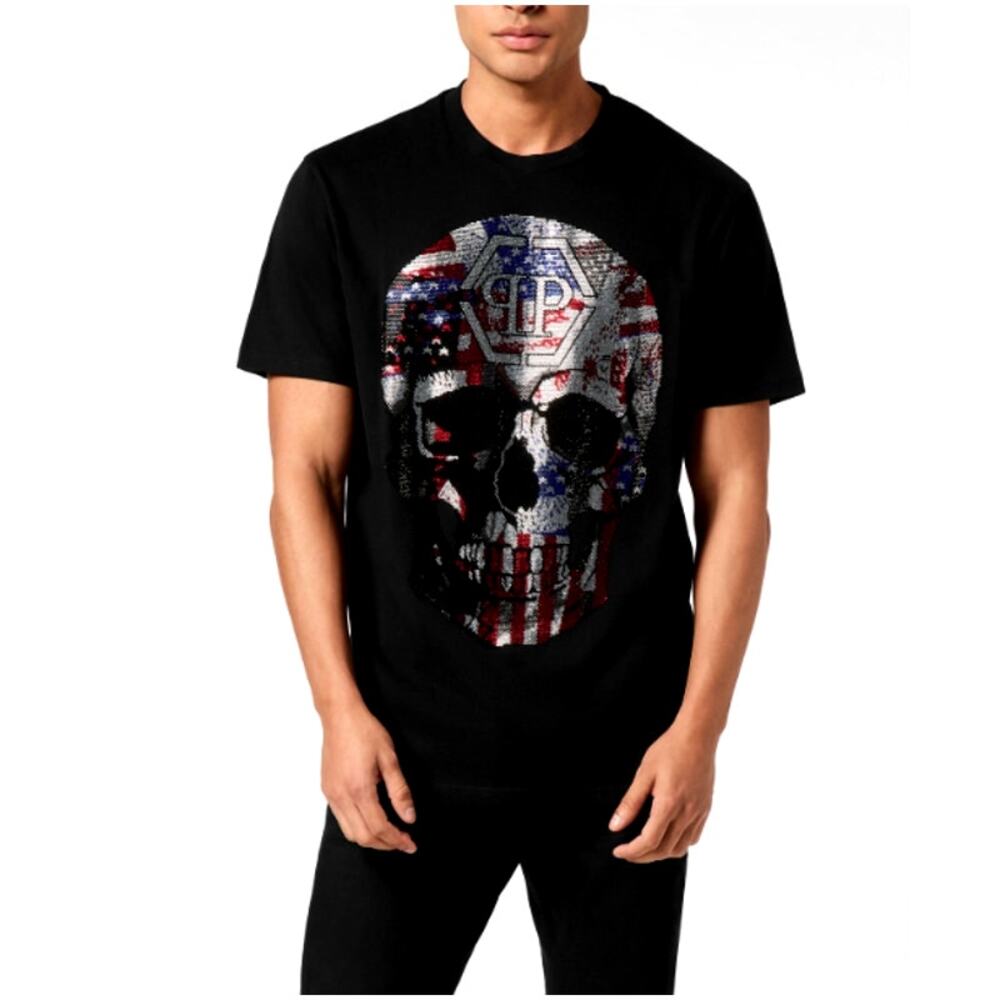 Philipp Plein Men's Black Skull America Round Neck T-Shirt Size L